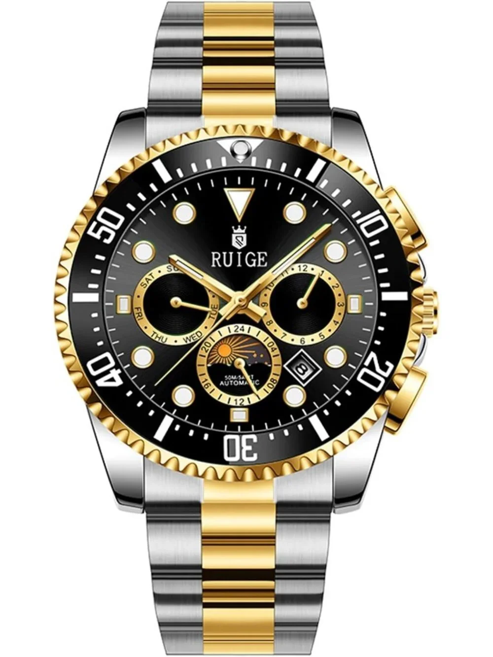 Men's Black Two-Tone Gold Steel Mechanical Waterproof Luminous Wrist Watch
